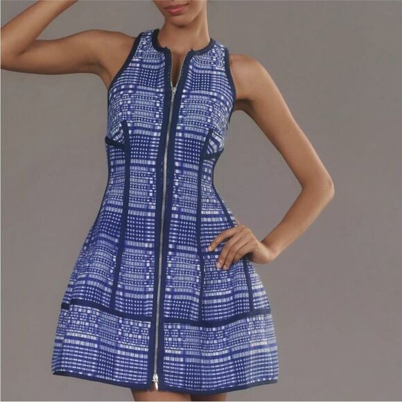 Anthropologie by Anthropologie Blue and White Structured Zip Front Mini Dress - Picture 1 of 16